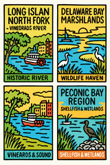 Obraz premium Vintage Travel Poster Illustration of Long Island North Fork and Delaware Bay Marshlands
