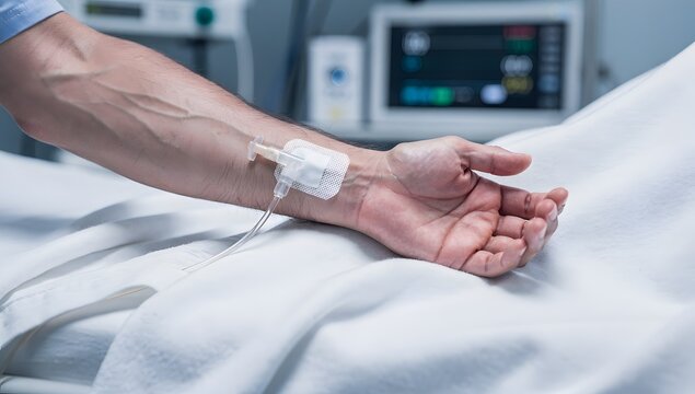 male patient lying in hospital while receiving peripheral IV catheter treatment, close-up of arm vein area, clean sheets, medical equipment.