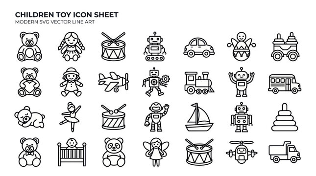 Children Toy Icon Sheet - Modern SVG Vector Line Art