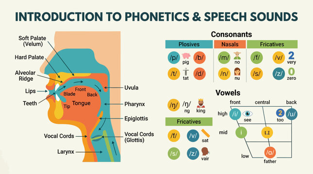 Anatomy of human mouth and phonetics speech sounds educational chart.