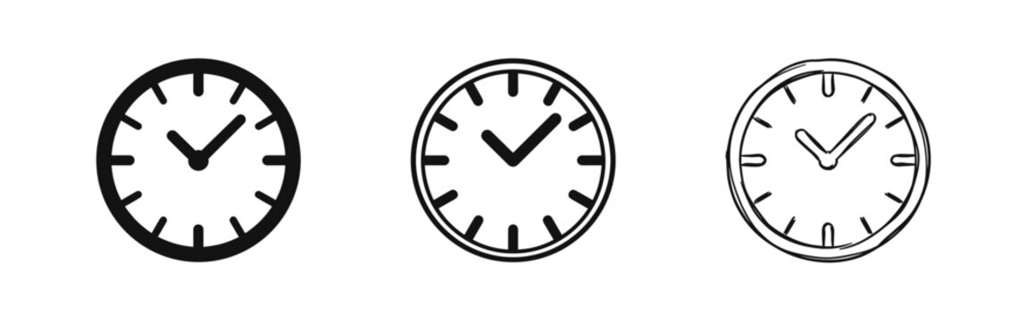 Round Wall Clock Icon Set - Solid, Outline, and Hand-Drawn Sketch Styles Vector Illustration