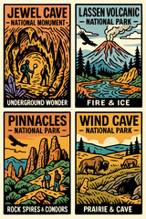 Obraz premium National Park Vintage Travel Posters Set: Caves, Volcano, Rock Spires, Prairie