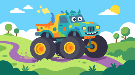 A cartoon monster truck on a winding road. © Abhinaya Project