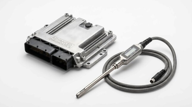 Metallic automotive electronic control unit placed beside a professional handheld digital diagnostic probe testing tool