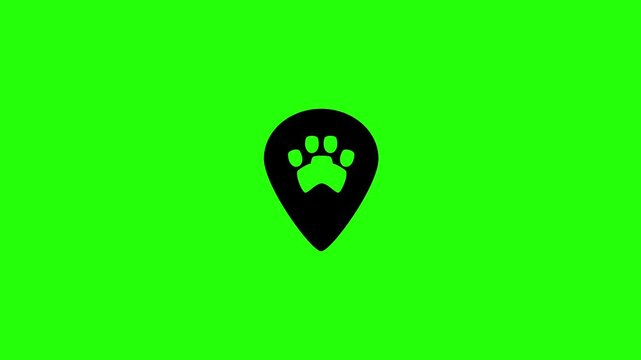 Beautiful 4K motion graphic of a teardrop address map marker pin containing an inner animal paw print icon bouncing. Lively popup asset for park tracker app.