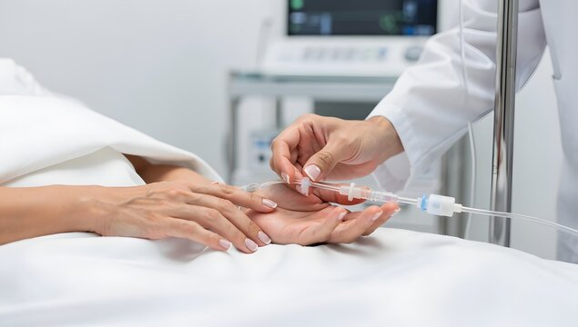 Ultra-realistic close shot of doctors hands with dropper in patient hand, clinical ward setting, soft light, visible arm and fingers, premium hospital photography style