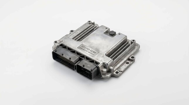 Metallic automotive electronic control unit module featuring black plastic connectors on a plain white background