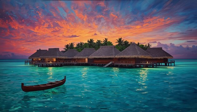 A beautiful post-impressionist oil painting of a tranquil South Pacific lagoon with a traditional thatched-roof hut on a tropical beach