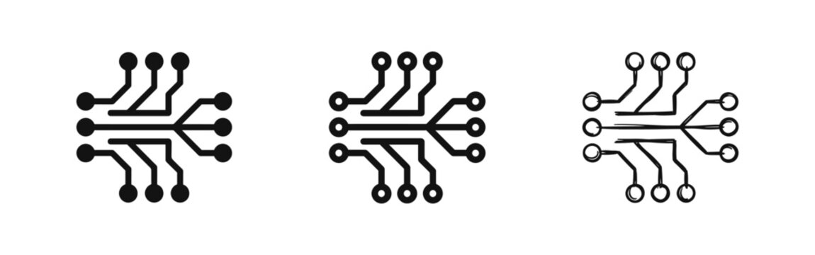 Electronic circuit board and microchip technology icons set, cpu hardware and digital engineering lines