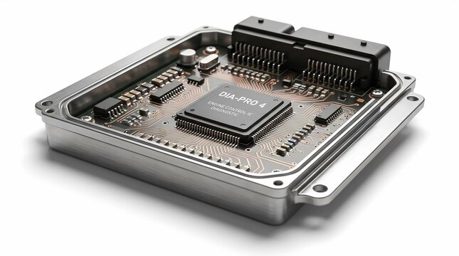 Advanced electronic engine control unit featuring a central microprocessor chip with intricate copper circuit board traces