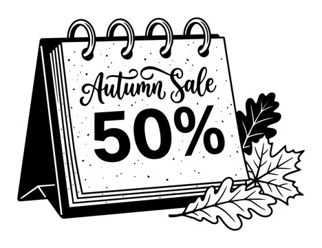 Desk calendar displaying Autumn Sale 50% text, representing seasonal price reduction events. Decorating leaves symbolize the fall season