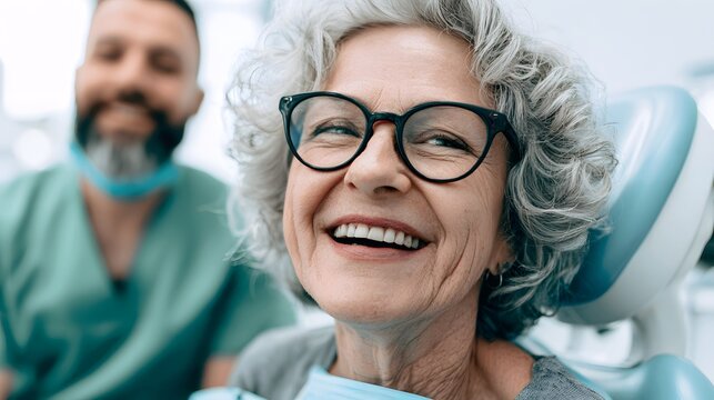 Happy senior woman enjoying dental visit with kind dentist in background