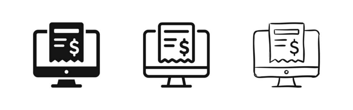 Online Payment and Digital Invoice Icons Featuring Computer Monitor and Receipt