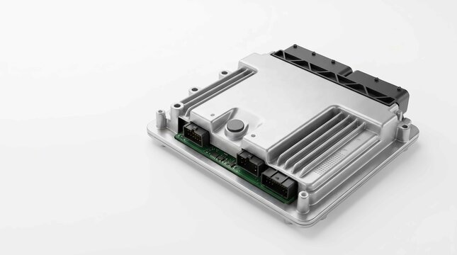 Silver metal automotive electronic control unit module isolated against a clean plain white studio background