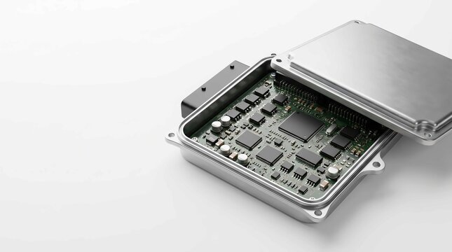 Open electronic engine control unit featuring complex circuit board components inside a polished metal casing