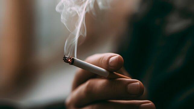 Person's hand grips a lit cigarette, smoke rising gently