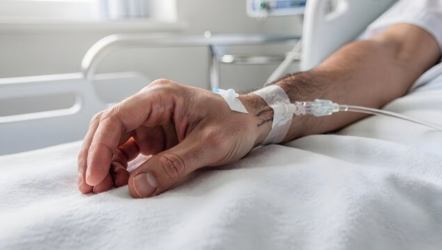 Hospital treatment photo of male patient with peripheral intravenous catheter inserted and close-up of arm and hand