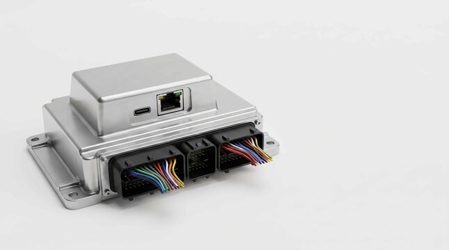 Metallic electronic control unit featuring integrated ethernet and usb ports with colorful multi wired connectors