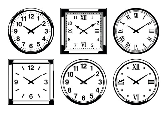 Variety of clock faces with black hands on a white background, displaying arabic and Roman numerals in different designs