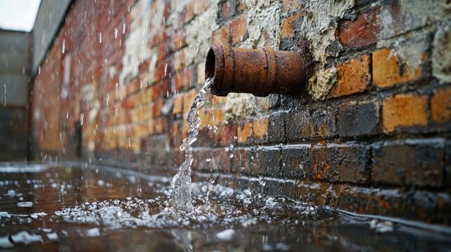 An old rusty drainpipe extends down the side of a weathered brick building pouring rainwater into a splashing puddle below during a heavy storm