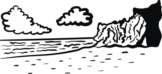 Simple black ink sketch showing rocky cliff by sea with clouds overhead minimal line art style suitable for travel nature themes © ТаtyanaGG