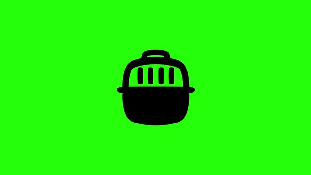 Premium 4K motion graphic of a plastic portable pet carrier crate box silhouette with handle bouncing. Clean asset for veterinary travel blog app.