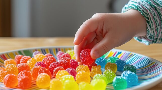 A child&acirc;&euro;&trade;s hand reaching eagerly for a bright red gumdrop among a rainbow of sugary treats on a plate