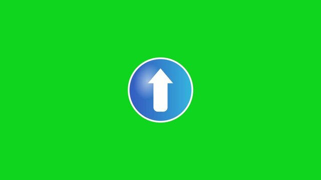 Animated white upload arrow icon inside a blue circular button on green screen background. Ideal for upload indicators user interface overlays motion graphics transitions and digital content