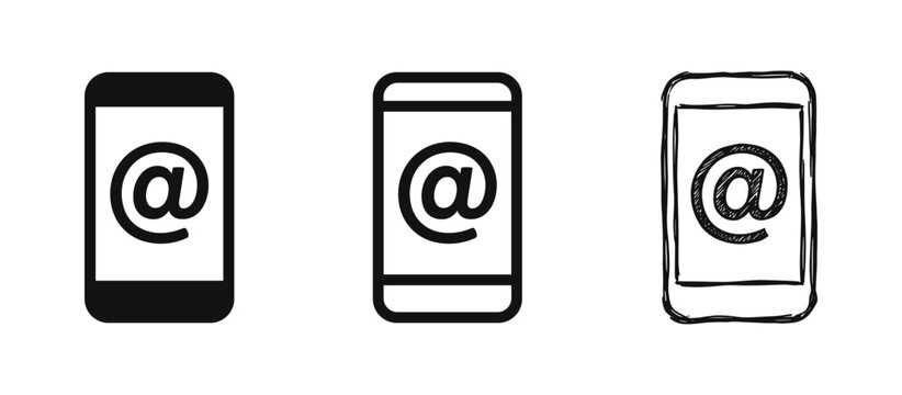 Smartphone email icon set, mobile mail at symbol, contact icons in flat, outline, and hand drawn styles