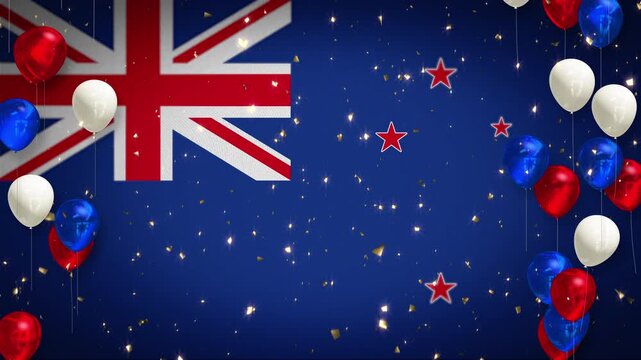 Loop, winner, award, New Zealand flag, national flag, celebration, event, soccer, football, rugby, cricket, background, introduction, confetti, red, white, blue, balloons, copy space, New Zealand.