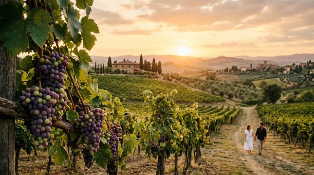 Romantic vineyard landscape with grapevines at sunset