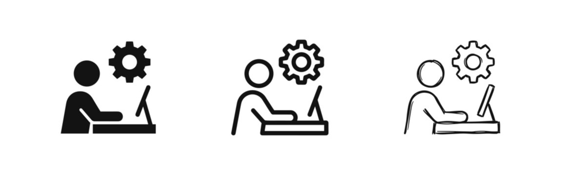 Computer technician icon set, person working with gear symbol in flat, outline, and hand drawn styles