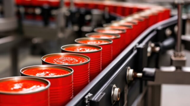 A conveyor belt filled with red cans, showcasing a production line in a factory setting