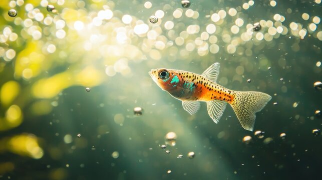 A macro underwater shot capturing a guppy in motion with bubbles rising and sunlight filtering through the water