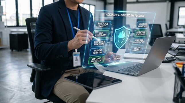 Professional safety manager interacting with a futuristic digital EHS health and safety dashboard interface