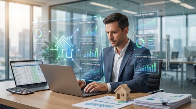 Professional real estate analyst working on financial property market data with futuristic dashboard