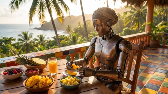 Robot enjoying a healthy tropical fruit breakfast on a sunny balcony overlooking the ocean and palm trees