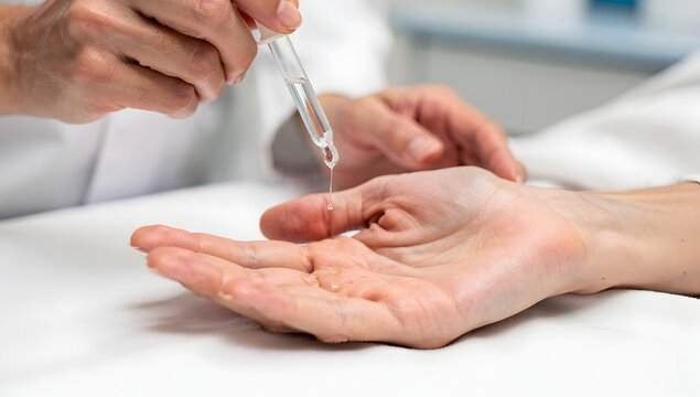 Close shot of doctors hands with a dropper in a patient hand in a clinical ward setting