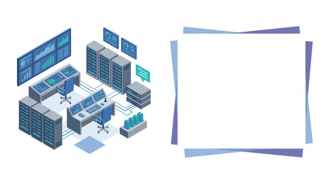 Modern Data Center Server Room with Monitors and Workstations.
