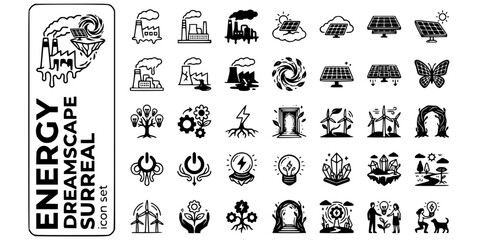 Fototapeta premium Clean Energy Dreamscape Surreal Black White-Melting Plant Floating Solar Portal-Surreal Green Vector-Dream Icon Surreal-Clean Energy Design Set
