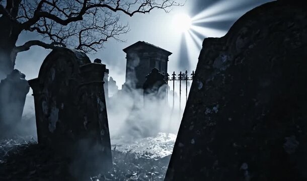 Spooky Cemetery at Night with Fog and Moonbeams