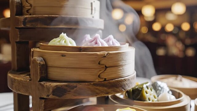 Steaming Dim Sum in Bamboo Baskets