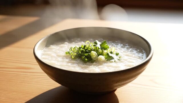 Steaming Bowl of Congee with Scallion Garnish