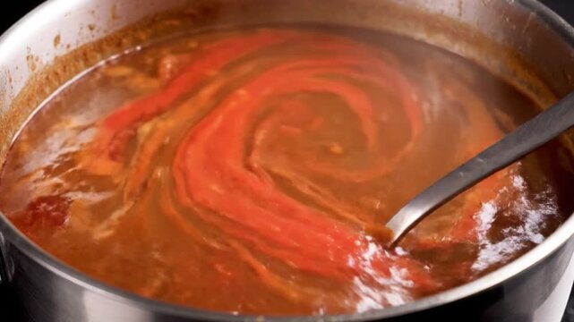 Soup Simmering in Pot with Spoon Stirring