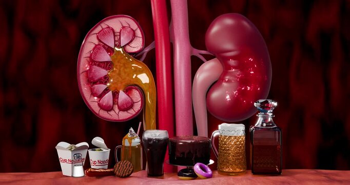 Human kidney affected by poor nutrition illustrating renal stress, toxic buildup, and kidney disease associated with junk food, alcohol, and high sodium intake. 3D Rendering
