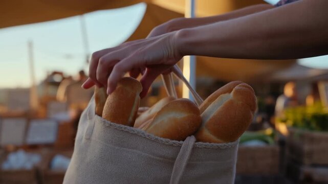 Hands placing fresh bread into a reusable market bag