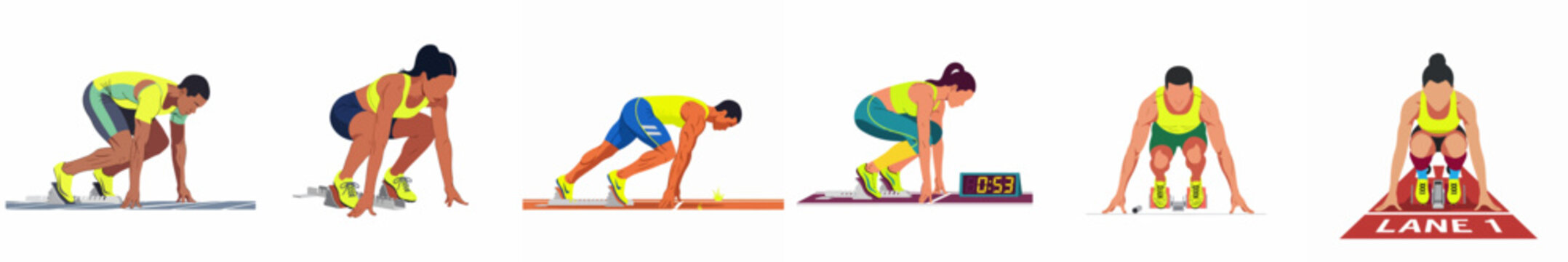 Collection of diverse male and female athletes in starting blocks on a running track, ready to begin a competitive sprint race.