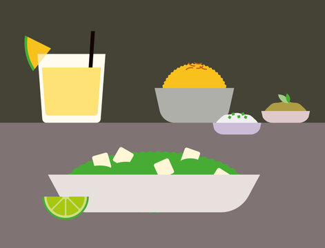 Palak Paneer with Seasoned Rice and Mango Lassi