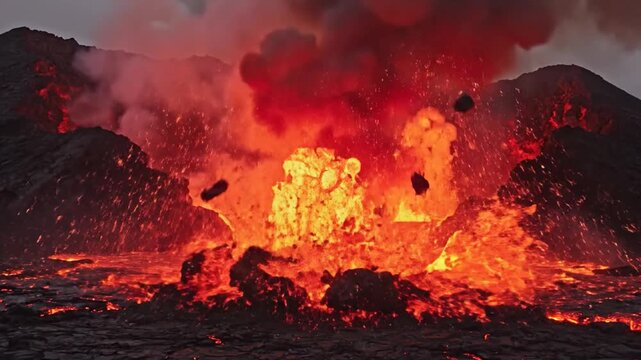 Volcanic Eruption Spewing Molten Lava and Rocks