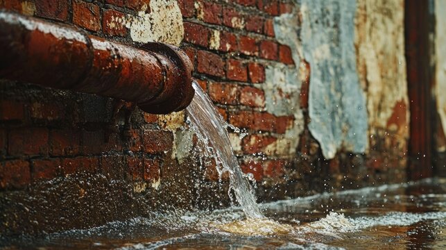 An old rusty drainpipe extends down the side of a weathered brick building pouring rainwater into a splashing puddle below during a heavy storm